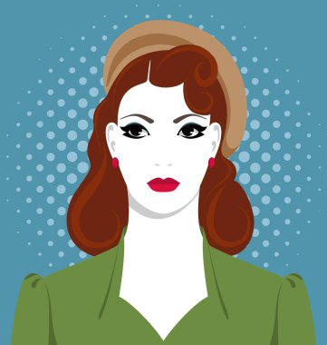 Renkli vektör portresi, bereli ve yeşil elbiseli zarif, 1940 'ların modası.