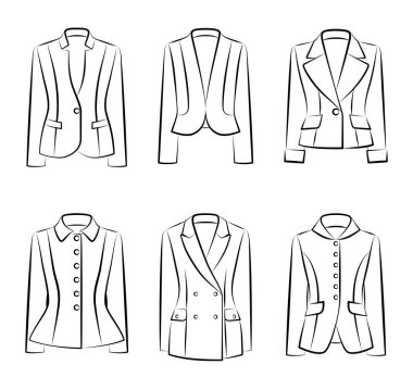 Moda kadın ceketleri ve siyah beyaz ceketlerinden oluşan büyük bir vektör seti. Arka planda, ön planda izole edilmiş.