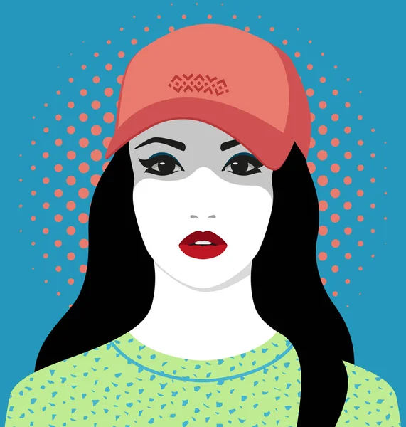 赤い唇と長い黒い髪を身に着けている美しい若い女性野球帽とTシャツ点線の背景 フロントビュー カラフルなベクトルの肖像画に対する抽象的なパターン — ストックベクタ