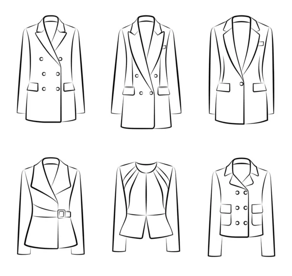 Nagy Vektor Készlet Divatos Női Kabátok Blézerek Fekete Fehér Színű — Stock Vector