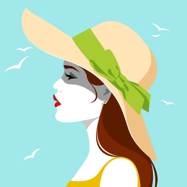 Ilustración Vectorial Colorido Hermosa Mujer Pelirroja Joven Con Gran Sombrero — Vector de stock