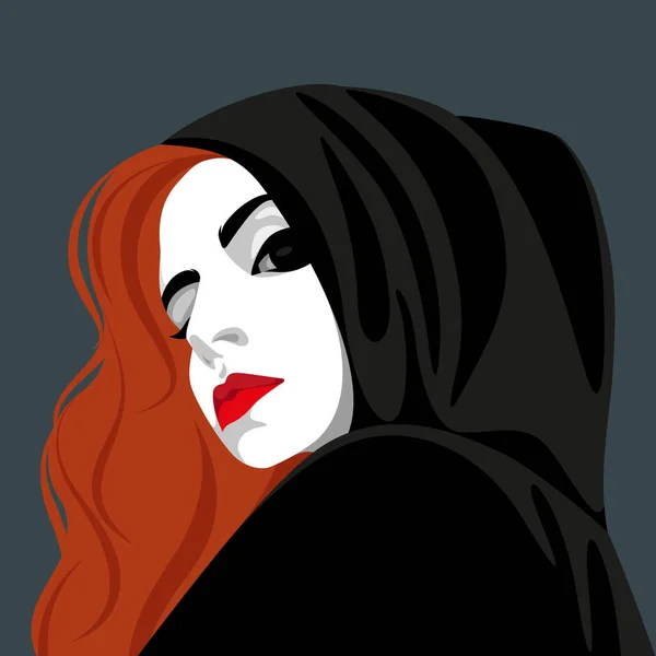 Mystérieuse Jeune Femme Rousse Avec Des Lèvres Rouges Pleines Portant — Image vectorielle