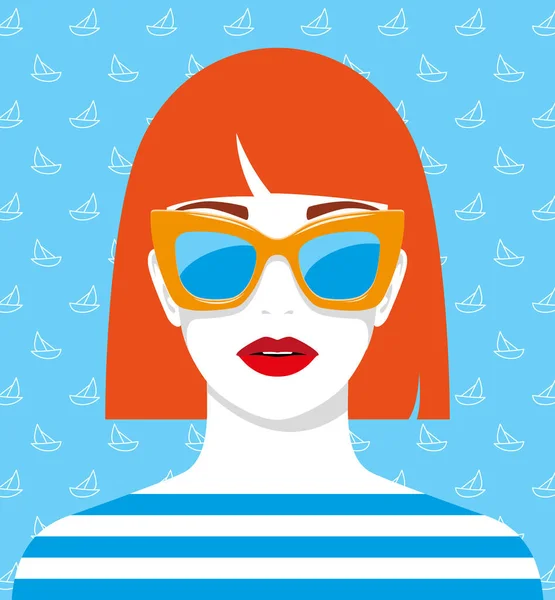 船と青の背景に大きなファッショナブルなサングラスを身に着けている美しい若い赤頭の女性のカラフルなベクトルイラスト — ストックベクタ