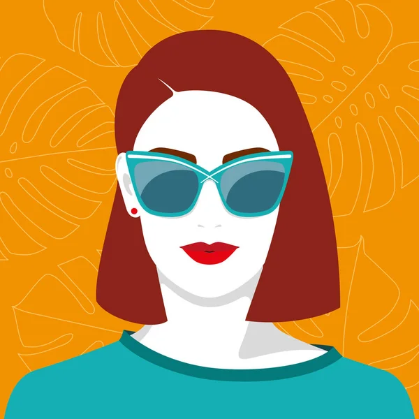 Kırmızı Saçlı Güzel Bir Kadının Vektör Portresi Büyük Güneş Gözlüklü — Stok Vektör