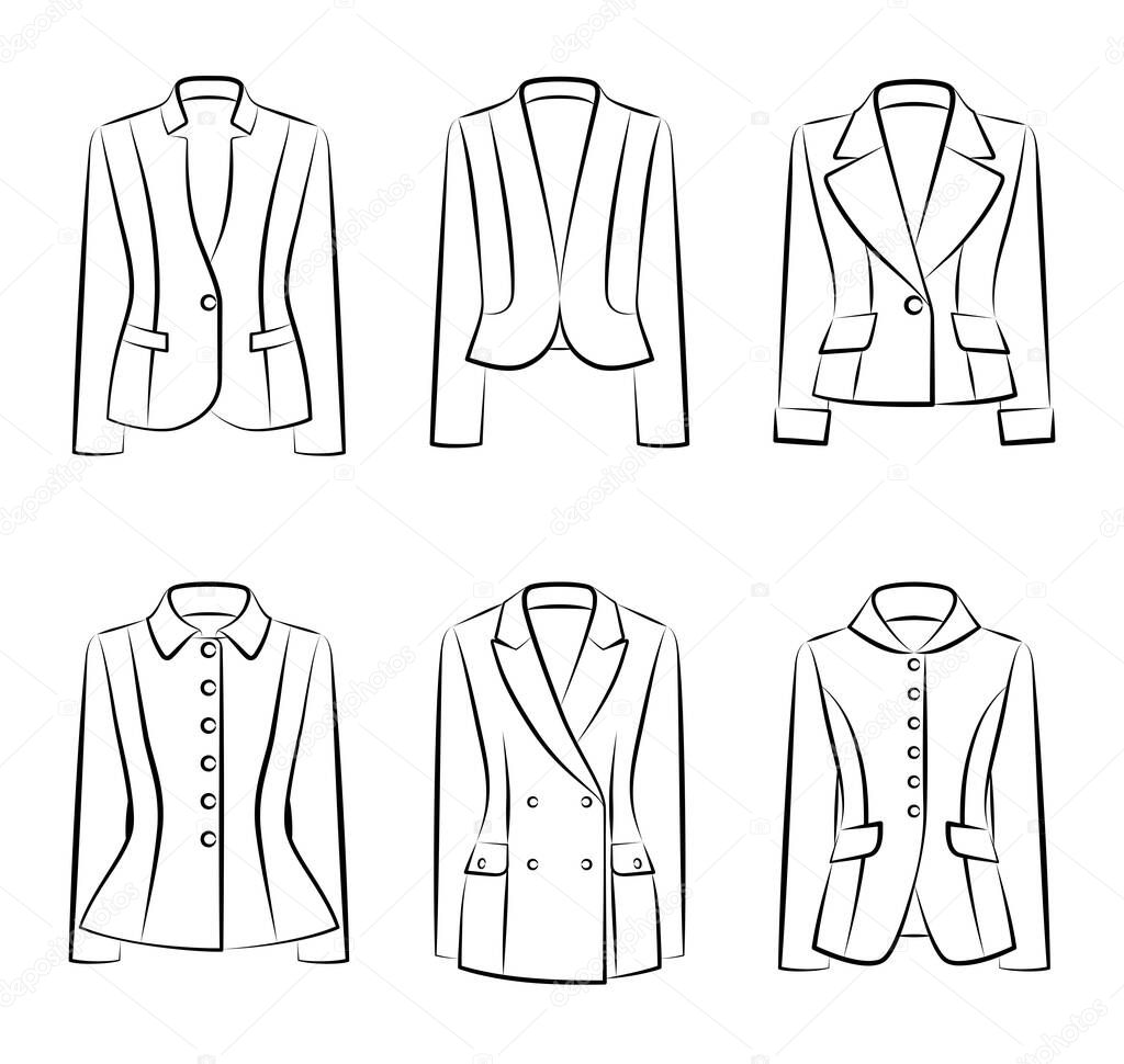 Big vector set of fashionable woman jackets and blazers in black and white color isolated on background, front view