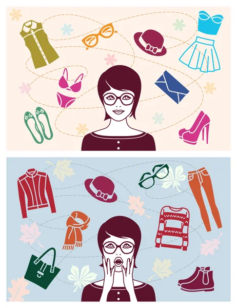 Iconos de mujer y moda — Vector de stock