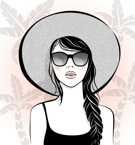 Belle fille avec des lunettes de soleil et chapeau — Image vectorielle