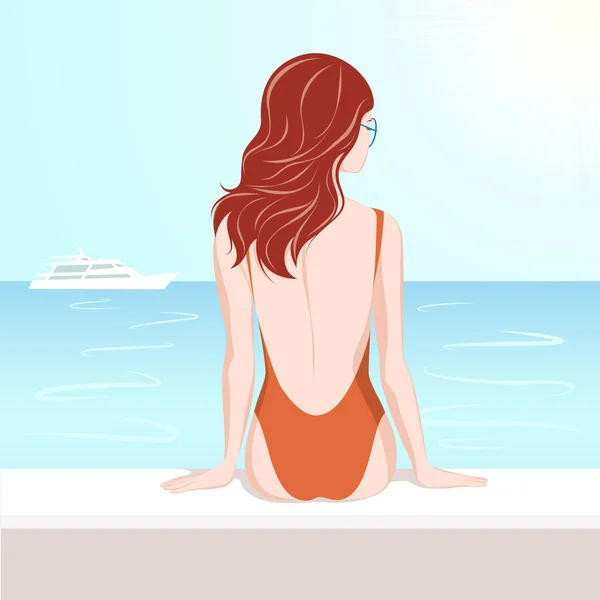 Chica en traje de baño mirando al mar — Vector de stock