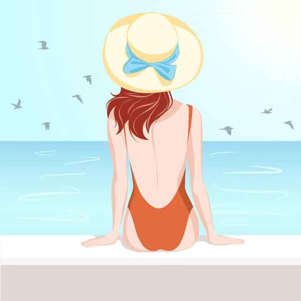 Chica en traje de baño mirando al mar — Vector de stock