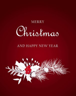 Kırmızı zemin üzerinde çam dalları, kozalaklar ve şenlikli Noel tebrik kartı, posterler, afişler, afişler, sosyal medya grafikleri, web sitesi başlıkları, davetiyeler, ambalajlar için vektör Noel ilüstrasyonları, 