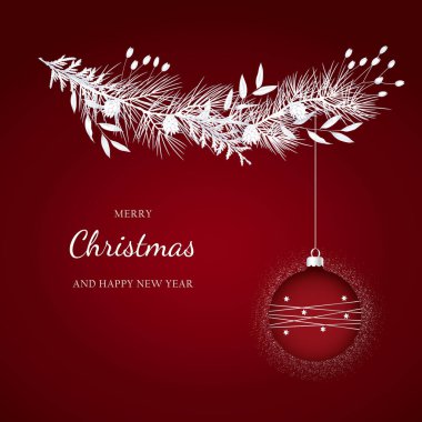 Noel hediyeli Noel tebrik kartı ve çam dalları, çam kozalakları ve kırmızı zemin üzerindeki şenlik yeşili, posterler, afişler, afişler, el ilanları, sosyal medya grafikleri, web sitesi başlıkları, inv