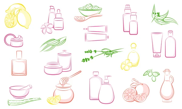 Set of vector natural cosmetics and ingredients — Stock Vector