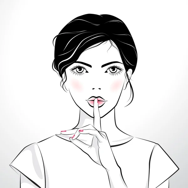 Hermosa chica con el dedo en los labios — Vector de stock