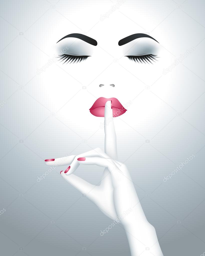 Beautiful female face with finger on her lips