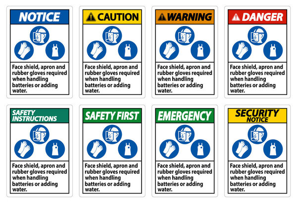 Face Shield, Apron And Rubber Gloves Required When Handling Batteries or Adding Water With PPE Symbols 