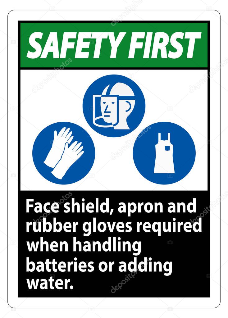 Safety First Sign Face Shield, Apron And Rubber Gloves Required When Handling Batteries or Adding Water With PPE Symbols 