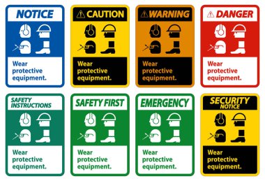 Koruyucu Ekipman Giyin, Beyaz Arkaplanda PPE Sembolleri, Vektör Resimleri 