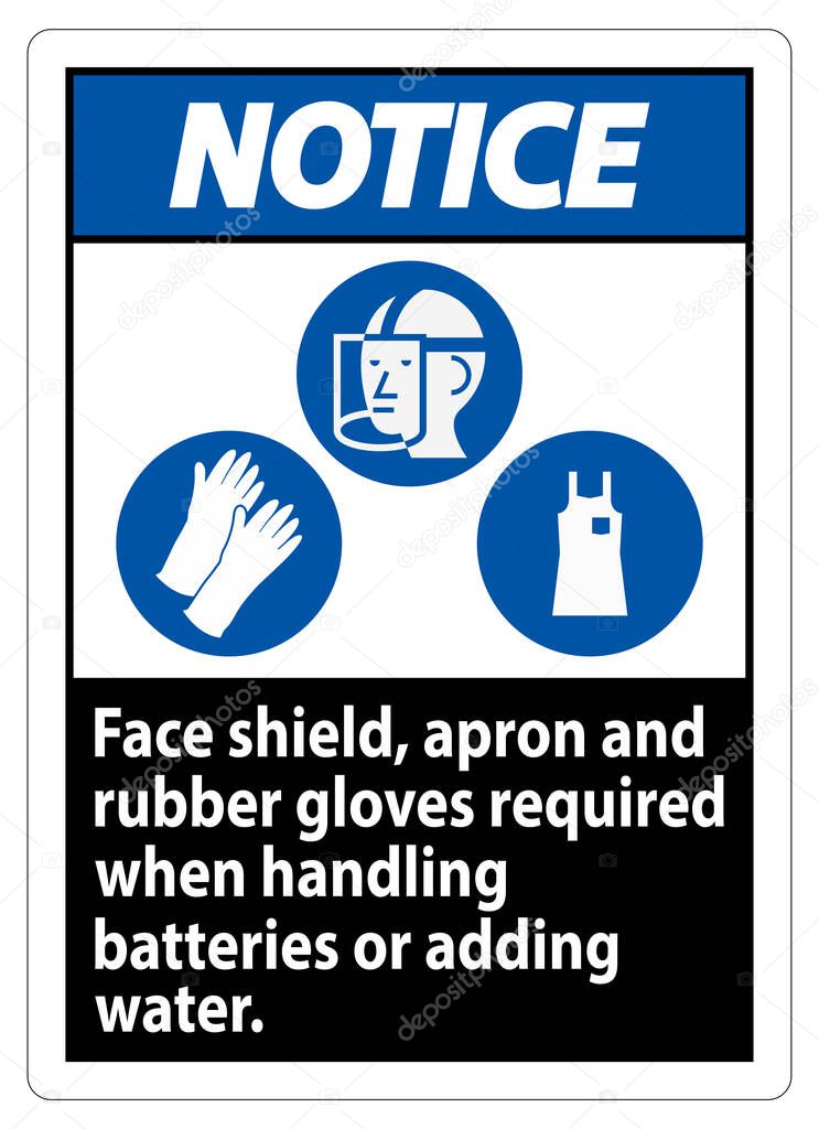 Notice Sign Face Shield, Apron And Rubber Gloves Required When Handling Batteries or Adding Water With PPE Symbols 