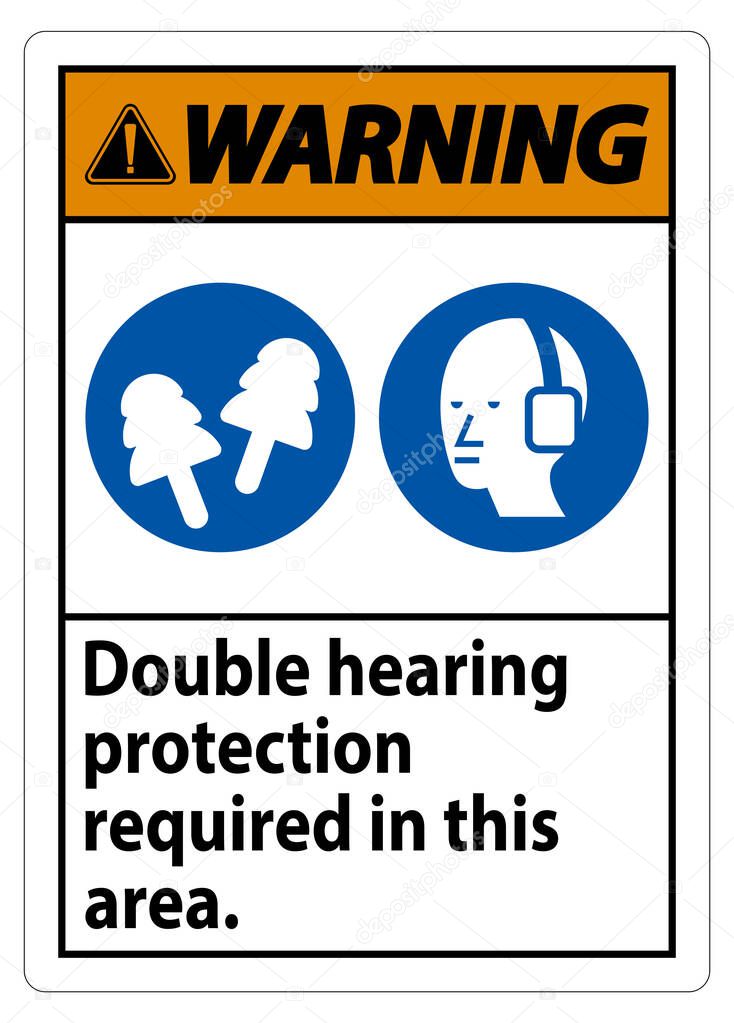 Warning Sign Double Hearing Protection Required In This Area With Ear Muffs & Ear Plugs 