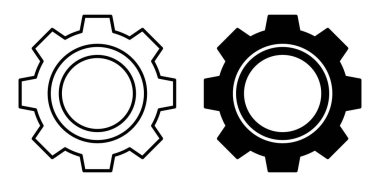 Bu resim basit tasarımları gösteren bir siyah beyaz dişli simgesini içerir. Endüstriyel, teknolojik ve yaratıcı projelerde kullanım için ideal.