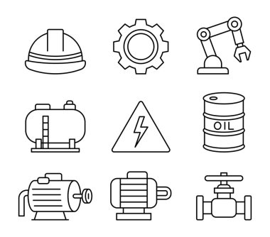 Çeşitli endüstriyel ekipmanları temsil eden basit çizgi sanat simgeleri koleksiyonu, mühendislik ve teknoloji uygulamaları için mükemmel..