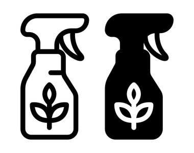 Bu resim siyah beyaz bir sprey şişe ikonu tasarımı içeriyor, çevre dostu temizlik ürünleri ve sürdürülebilirliği sembolize ediyor. Çeşitli uygulamalar için ideal.