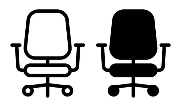 This image features a modern office chair silhouette icon set in black and white styles, perfect for workspace designs, ergonomic furniture illustrations, and minimalistic decor visuals.