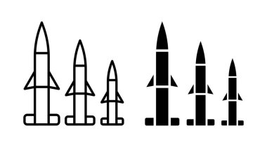 Temiz ve modern illüstrasyonda siyah beyaz füze siluetleri var. Askeri teknoloji, savunma veya uzay temalarıyla ilgili konular için ideal.