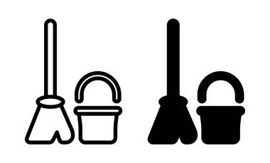 Süpürge ve kovanın basit ve temiz bir çizimi, temizlik servisi görselleri için ideal. Minimalist tasarım projelerinde ticari veya kişisel kullanım için mükemmel.