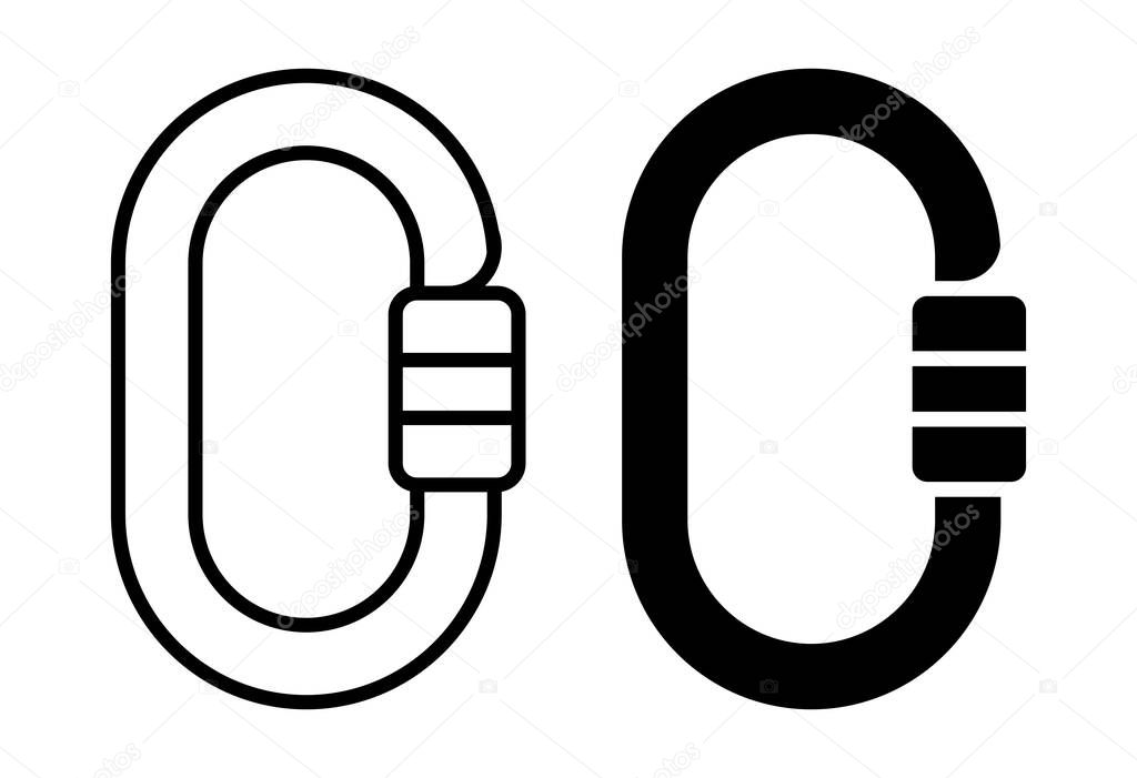 This image features a black and white design of a carabiner clip, ideal for outdoor gear. Suitable for various applications in adventure-related projects.