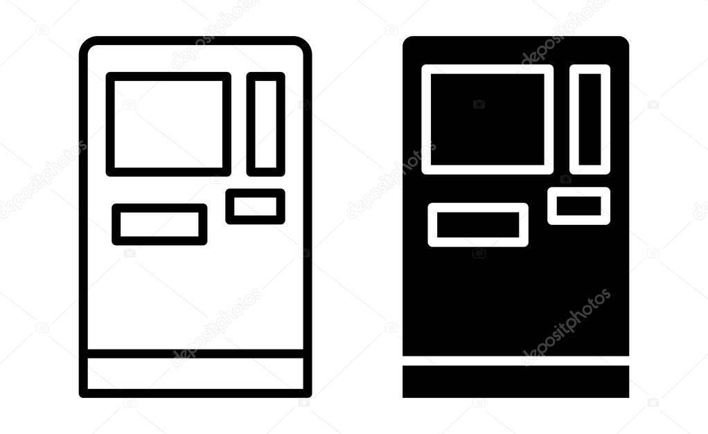 A dual depiction of a vending machine in outline and solid black, ideal for graphic design, technology themes, or retail-related projects.