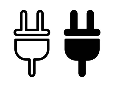 Bu resimde bir çift basit elektrik prizi ikonu var, biri siyah, biri beyaz. Temiz, minimal tasarım çeşitli grafik uygulamaları ve projeler için uygun hale getirir.