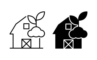 Bitkiler ve bulutların yer aldığı iki çiftlik evi ikonu çevre dostu tasarımlar sergiliyor. Sürdürülebilirlik, tarım veya çevre temaları üzerine odaklanan projeler için ideal.