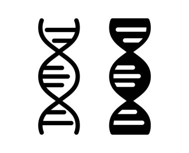 Bu resim, genetik yapıyı temiz ve modern bir şekilde temsil eden, eğitici veya bilimsel kullanım için mükemmel siyah ve beyaz DNA sarmal ikonlarına sahiptir..