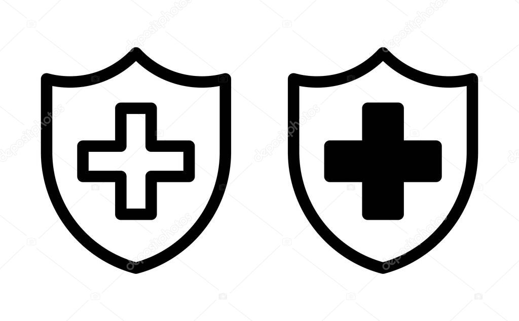 This graphic features two shield shapes with crosses, symbolizing healthcare and protection. Ideal for representing medical services, wellness, and safety concepts.