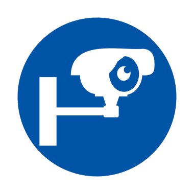 Modern beyaz güvenlik kamerası simgesi, çeşitli bağlamlarda gözetleme ve güvenlik temalarını temsil etmek için mükemmel olan mavi bir daire üzerine kurulmuş..