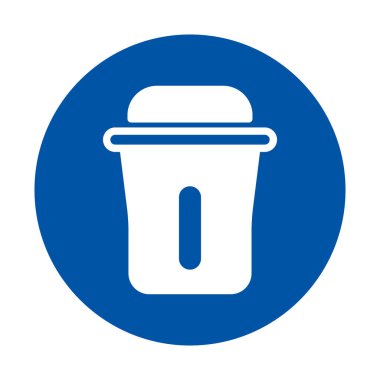 Atık yönetimi, geri dönüşüm çabaları ve çeşitli ortamlarda temizliği desteklemek için ideal, mavi bir dairedeki temiz ve modern çöp kutusu simgesi.