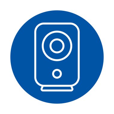 Canlı bir mavi daireye karşı, müziğe bağlı tasarımlar için mükemmel, modern tarzda ses ve ses teknolojisini gösteren şık bir minimalist konuşmacı ikonu..