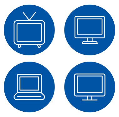 Bu koleksiyonda klasik televizyon, modern monitör, dizüstü bilgisayar ve düz ekran da dahil olmak üzere farklı türde ekranları gösteren dört adet şık simge yer almaktadır. Teknoloji temalı projeler için ideal.
