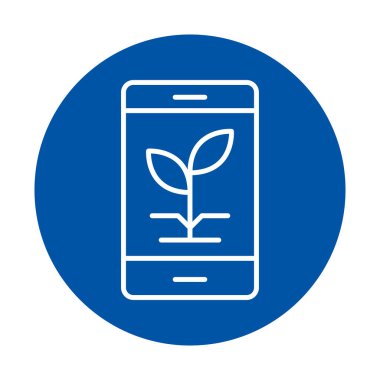 Bu resimde, sürdürülebilir teknoloji ve doğadaki yenilikleri vurgulayan, mavi bir daire üzerinde bitki büyüme sembolü gösteren bir akıllı telefon yer alıyor..