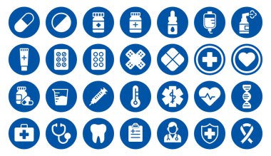 Sağlık hizmetleri kavramlarını temsil eden çok yönlü bir mavi tıbbi ikon koleksiyonu. Tıp blogları, web siteleri ve eğitim materyalleri için ideal.