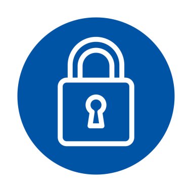 Bu grafik, güvenlik ve mahremiyeti sembolize eden asma kilit ikonlu mavi bir daire içeriyor. Modern bir dijital bağlamda koruma ve güvenliği sağlar..