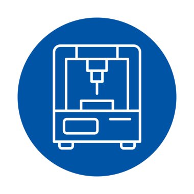 Bu minimalist illüstrasyon, canlı mavi arka planda, üretim ve mühendislik süreçlerinde modern teknolojiyi gösteren bir CNC makinesini tasvir ediyor..