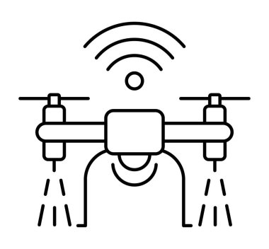 Bu çizgi sanat çizgisi illüstrasyonunda sprey başlıkları ve Wi-Fi sinyali ile donatılmış bir dron var. Modern hava teknolojisini ve çeşitli endüstrilerdeki uygulamalarını sembolize ediyor..