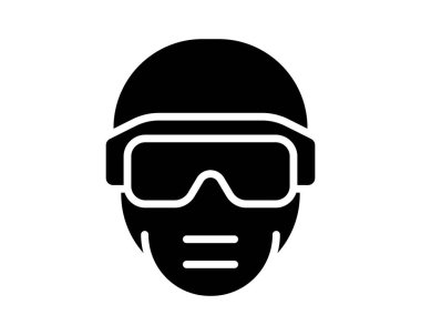 Koruyucu gözlük takan ve yüz maskesi takan bir kişinin siyah silueti, çeşitli ortamlarda sağlık güvenliğini ve koruyucu tedbirleri temsil ediyor.