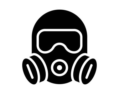 Bu siyah siluet tehlikeli ortamlarda korunmak için tasarlanmış ve sağlık ve güvenlik önlemlerini sembolize eden bir gaz maskesi sergiliyor..