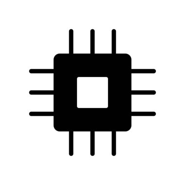 Teknoloji ve yeniliği temsil eden siyah bir mikroçip grafiği. Modern uygulamalarda elektronik, dijital tasarım ve bağlantı kavramları için idealdir.