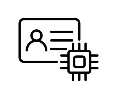 Gömülü bir çip içeren bir kimlik kartı tasviri, modern teknolojiyi sembolize ediyor ve kişisel bilgi ekranı ile kullanıcı tanımlamasını güvence altına alıyor.