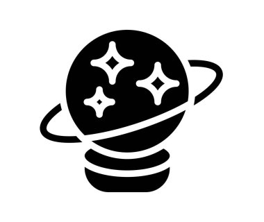 Bu soyut siyah ve beyaz simge, uzay temalı tasarımlar veya eğitici materyaller için mükemmel halkalar ve yıldızlarla çevrili bir gezegene sahiptir..