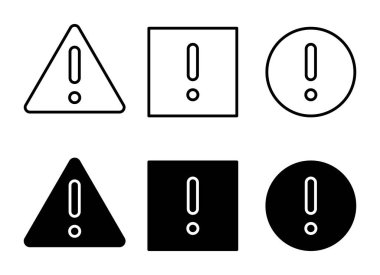 Bu koleksiyon çeşitli renk ve stilleri gösteren üçgen, kare ve daire şekillerinde ünlem işaretleri içerir, uyarı ve uyarı için idealdir..